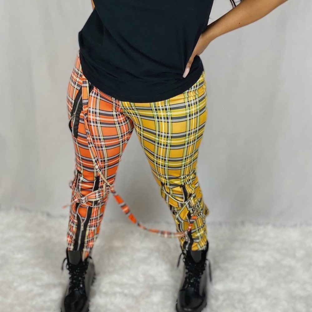 WOMENS ZIPPER TWO TONE PLAID STRETCH PANTS